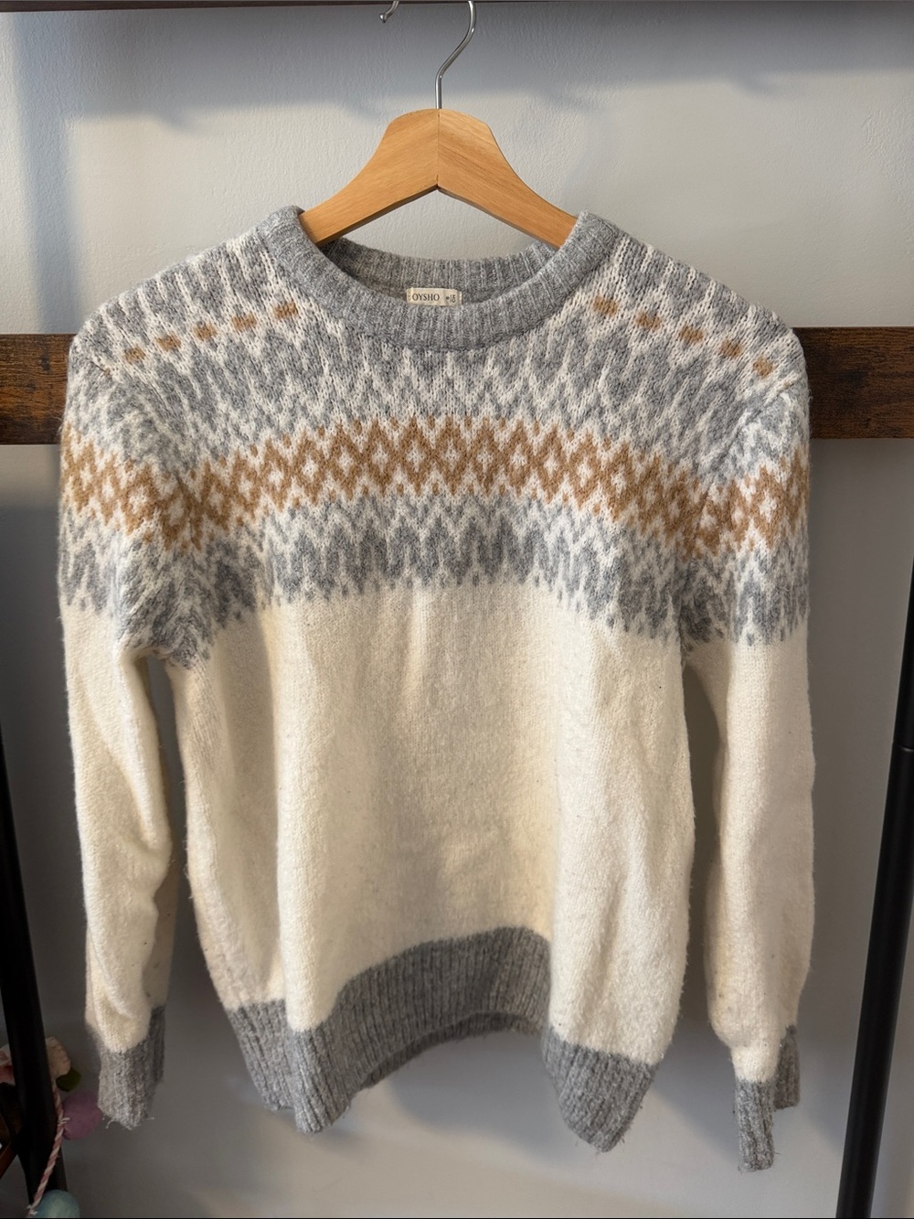Cream Fair Isle Crewneck Sweater with Gray & Tan Accents
